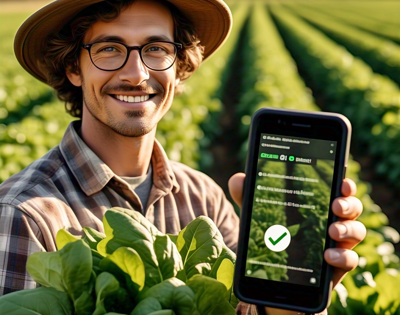 Farmer with fresh produce using smartphone